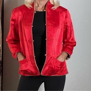 Silk Jacket Quilted Red Gold Boxy Split Hem 3/4 Sleeve Reversible Floral M